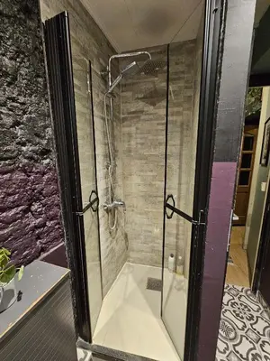 a shower with a glass door in a bathroom at Bruxelles centre petite chambre privée au Sablon ! in Brussels