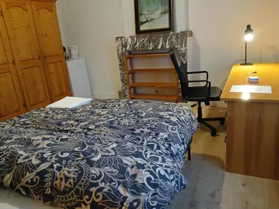 a bedroom with a bed and a desk and a chair at Bloemetje in Asse