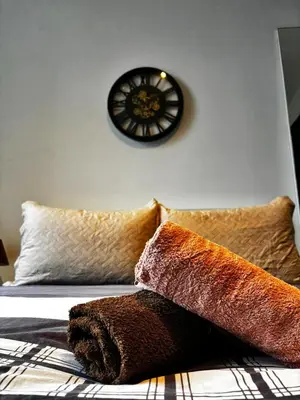 a clock on a wall above a bed with pillows at Room in Guest room - Charming Guest Room in Historic Brussels Mansion in Brussels