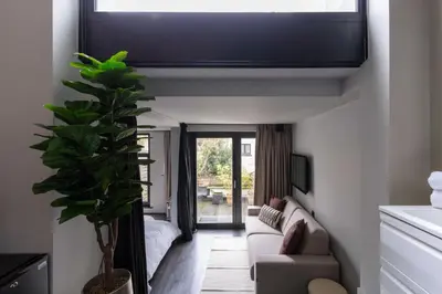 a living room with a couch and a plant at Museum Suites in Antwerp