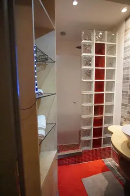 a bathroom with a walk in closet with glass shelves at BrusselsHomes in Brussels