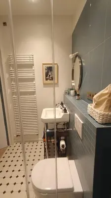 a bathroom with a sink and a toilet and a mirror at Marilou and Dalibor's room in Brussels
