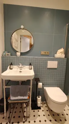 a bathroom with a sink and a toilet and a mirror at Marilou and Dalibor's room in Brussels