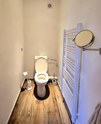 a bathroom with a toilet with a wooden floor at Noah's Atomium Appartments in Brussels
