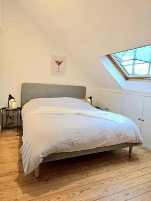 a bedroom with a large bed with a skylight at Noah's Atomium Appartments in Brussels