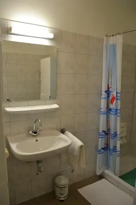 a bathroom with a sink and a shower curtain at Lindehof Serviced Flats in Zoersel