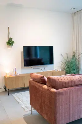 a living room with a couch and a flat screen tv at Studio Herman met buitenterras in Kapellenbos, bij de Kalmthoutse Heide in Kapellen