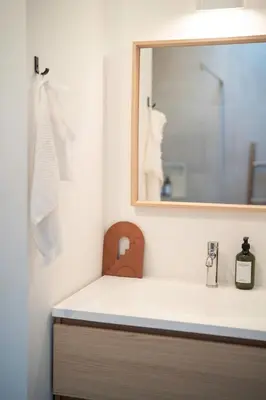 a bathroom with a sink and a mirror at Studio Herman met buitenterras in Kapellenbos, bij de Kalmthoutse Heide in Kapellen