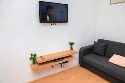 a living room with a couch and a tv on the wall at YabaMuandaz Apparts de Standing & Confort in Brussels