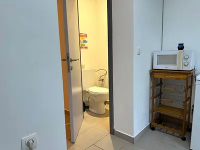 a bathroom with a toilet and a television on a table at Appartement cosy à Bruxelles métro Vandervelde in Brussels