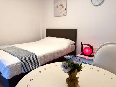 a bedroom with two beds and a table with a vase of flowers at Appartement cosy à Bruxelles métro Vandervelde in Brussels
