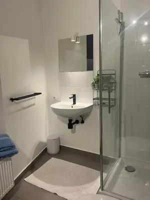 a white bathroom with a sink and a shower at Bloss III Zonnige studio met dakterras in Ghent