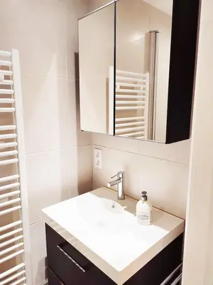 a white bathroom with a sink and a mirror at Dodo Guest House in Brussels