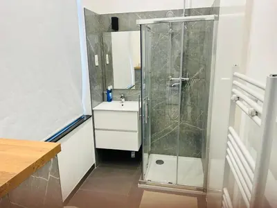 a bathroom with a shower and a sink at Apparts de standing Bruxelles Brady Muandaz in Brussels