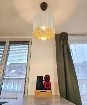 aendant light hanging over a table in a room with windows at Brussels apartment with terrace 1 in Brussels
