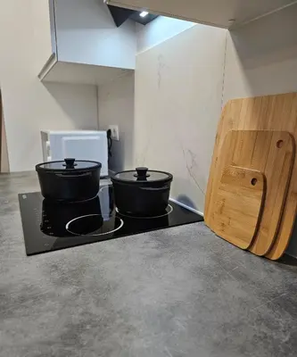 two pots sitting on top of a stove in a kitchen at Brussels apartment with terrace 1 in Brussels