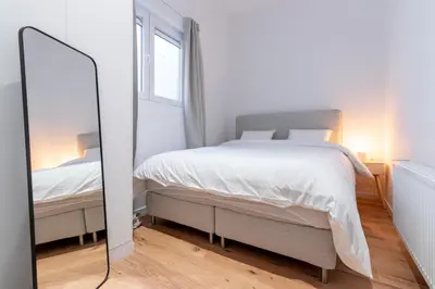 a bedroom with a large bed and a mirror at Sleek City Stays - Urban Elegance in the Heart of Ghent in Ghent