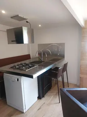a kitchen with a stove and a counter top at Huis-Chalet aan Puyenbroeck in Wachtebeke