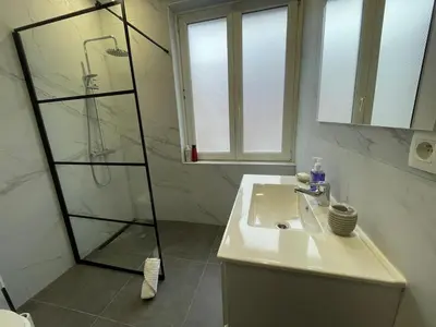 a white bathroom with a shower and a sink at Cozy City Escape in Brussels