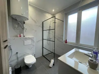a bathroom with a toilet and a sink and a shower at Cozy City Escape in Brussels