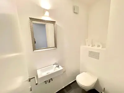 a bathroom with a white toilet and a sink at COSY Duplex - EU DISTRICT in Brussels