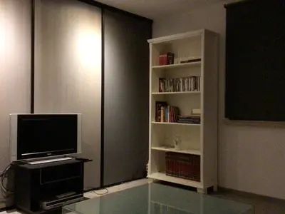 a living room with a tv and a book shelf at Cosy attic apartment, terrace, 1 bedroom south, 1 double bed for 2, plus single bed if 3 guests in Opdorp