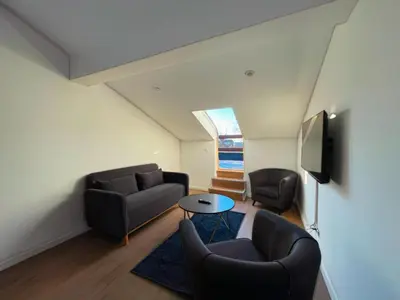 a living room with two couches and a tv at La Perla Appartements in Brussels