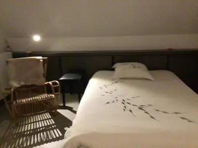 a bedroom with a bed and a chair at Entire first floor, kitchen, bathroom, roofterrace, 1 bedroom if max 3 guests or 2 bedrooms if max 5 guests in Buggenhout