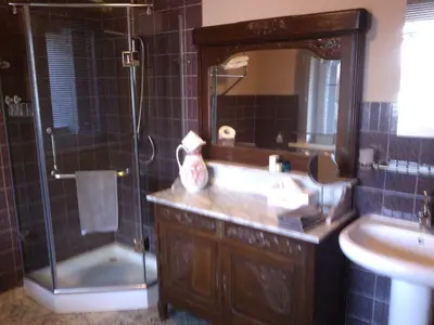 a bathroom with a sink and a shower and a mirror at Hotel Golden Dragon in Dessel