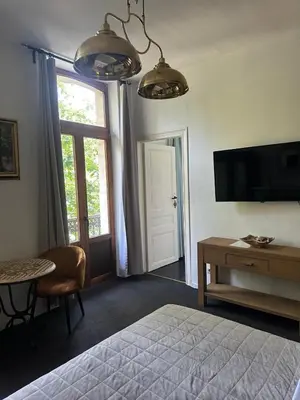 a bedroom with a bed and a tv and a table at Happy Home in Brussels