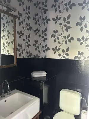 a bathroom with a toilet and a sink and a mirror at Happy Home in Brussels