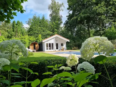 a small white cottage in the middle of a garden at Cozy tiny house with swimming pool & outdoor sauna in Waasmunster