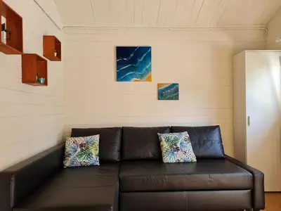 a black leather couch in a living room with two pillows at Cozy tiny house with swimming pool & outdoor sauna in Waasmunster