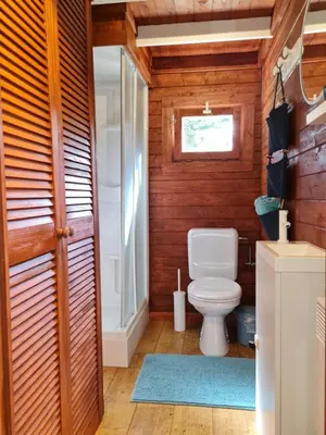 a bathroom with a toilet and a window at Cozy tiny house with swimming pool & outdoor sauna in Waasmunster