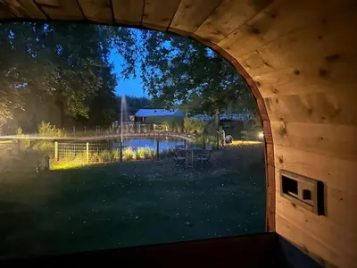 a view of a backyard from a building with a window at B&B De Alffarhoeve in Hamme