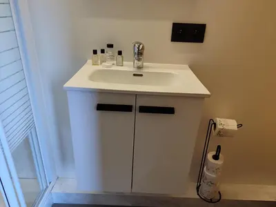 a bathroom with a white sink at Kromven Puur Genieten in Merksplas