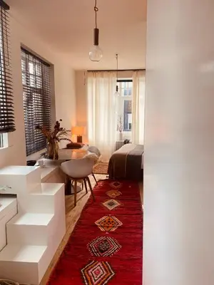 a living room with a red rug and a bedroom at Bohémien garden room in Ghent