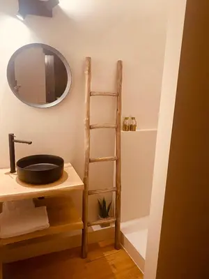 a bathroom with a shelf and a sink and a mirror at Bohémien garden room in Ghent