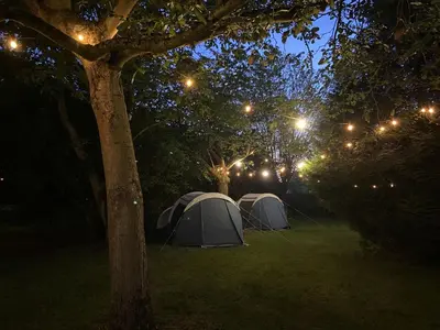 two tents in a field at night with lights at Pop-Up camping close to festival - Ganzendrieshoeve in Rumst