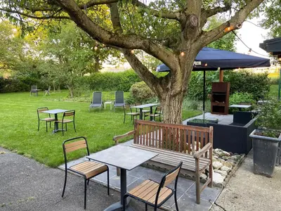 a park with tables and chairs and a tree at Pop-Up camping close to festival - Ganzendrieshoeve in Rumst