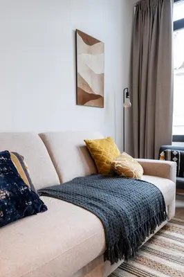 a couch with a blue blanket on it in a living room at Modern 6-Guest Apartment in Central Antwerp in Antwerp