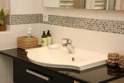 a bathroom counter with a sink and a mirror at Luxury Apartments Arendshof in Antwerp