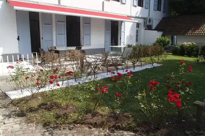 a garden with red flowers in front of a house at Luxury Apartments Arendshof in Antwerp