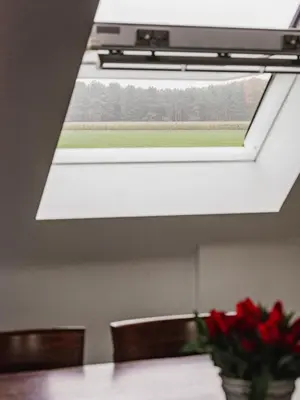 a skylight in a dining room with a table and flowers at Sheela Farm in Rumst