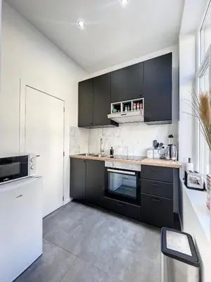 a kitchen with black cabinets and a counter top at Cosy Apartment Palais royal in Brussels