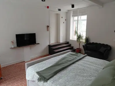 a living room with a bed and a flat screen tv at Begijnhofpoort B&B in Turnhout