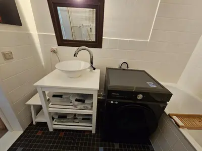 a bathroom with a sink and a washing machine at Studio El - Cozy Bright Flat in the Green Corner of Antwerp in Antwerp