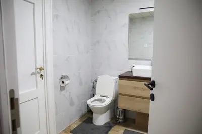a bathroom with a toilet and a sink and a mirror at Cozy family home near LottoArena Antwerpen in Antwerp
