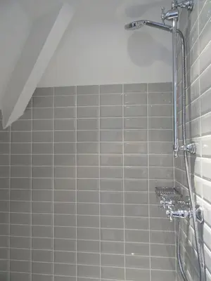 a shower in a bathroom with a tile wall at Guest house La Maison Chantecler in Brussels