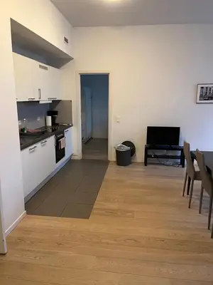 a kitchen and living room with a table and chairs at Brussels European flat in Brussels